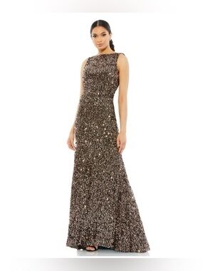 IEENA FOR MAC DUGGAL Bronze Cowl Back Boat Neck Sequined Evening Gown Size 4 New